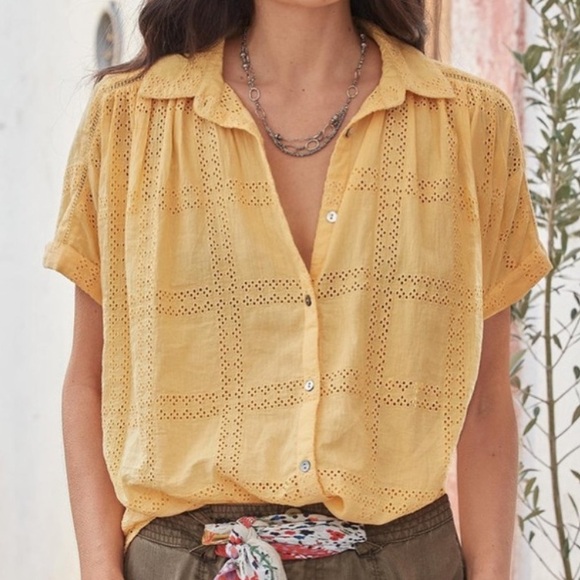 Sundance Tensift Eyelet Yellow Button Down Shirt Sz PL. Boho. Vacation. Travel. - Picture 1 of 5
